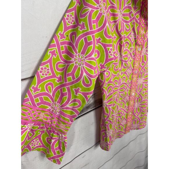 Gretchen Scott Designs Priss Brooks Ruffle Blouse Pink Green Sz XS - Picture 2 of 8